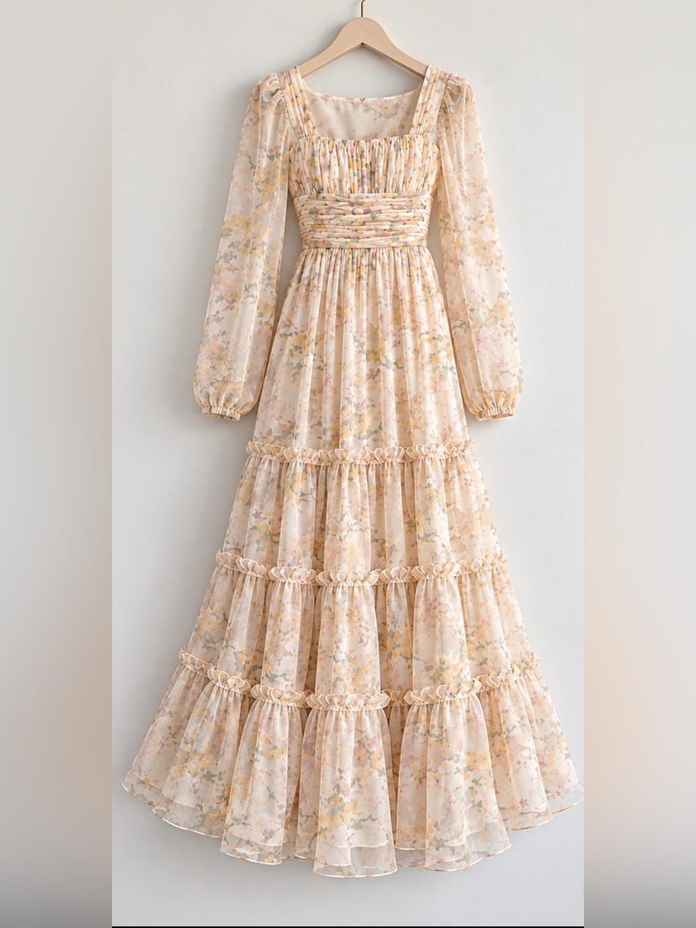 Mac Duggal Pale Peach Floral Tiered Maxi Dress